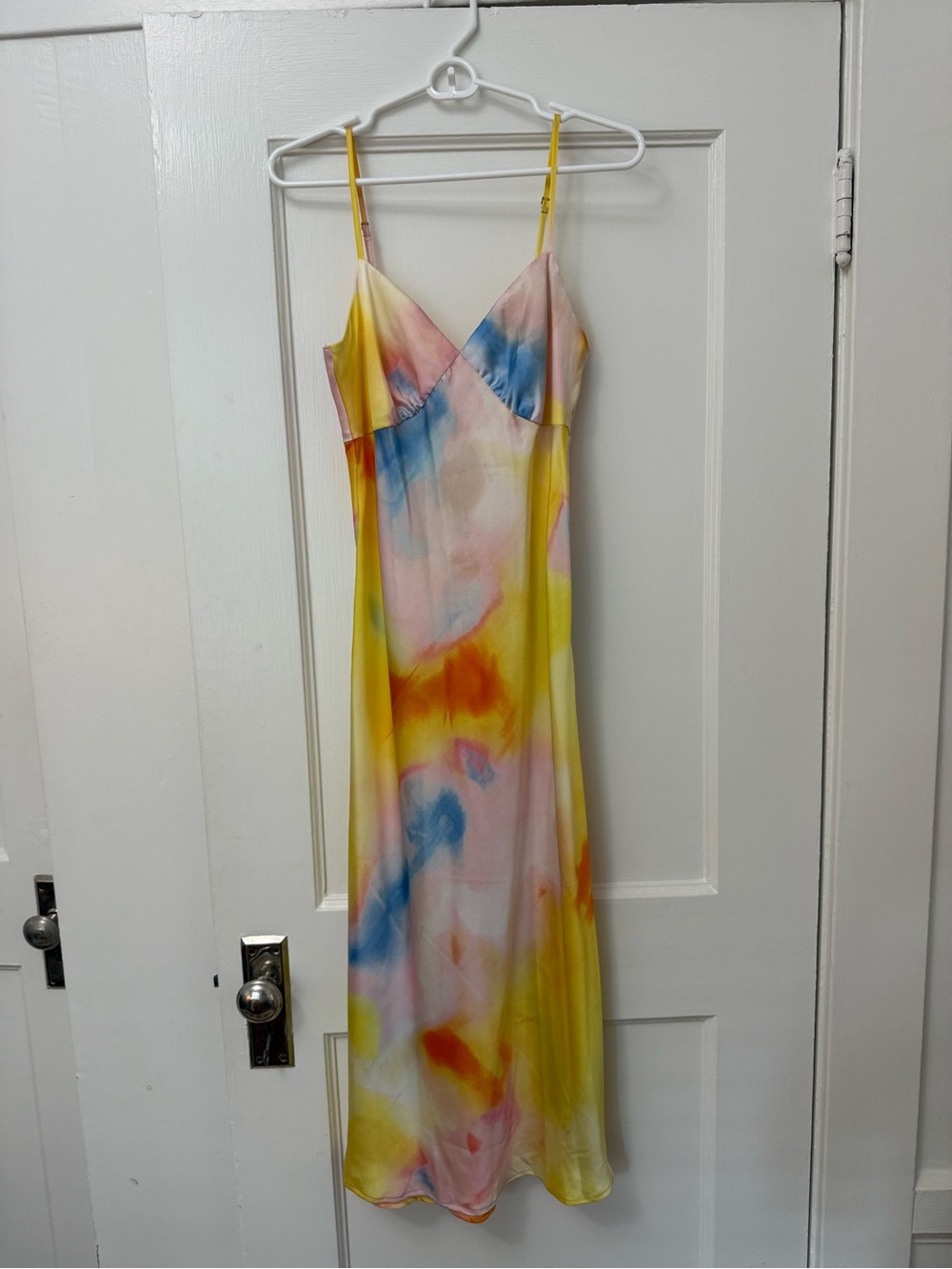 Diane Von Furstenberg Yellow, Blue, Pink Tie-Dye Satin Maxi Dress